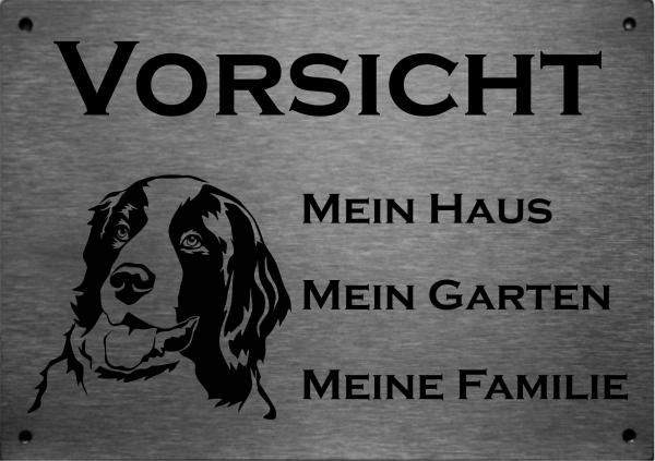 Edelstahl Warnschild Landseer VORSICHT Mein Haus mein Garten meine Familie